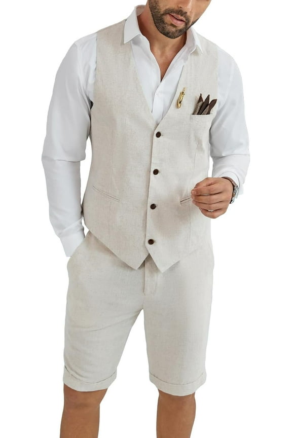 Men's Linen Shorts Suit Set - 2 Piece Wedding Groom/Beach Formal Suit - Vest & Shorts