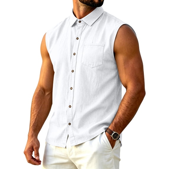 Men's Linen Sleeveless Shirts Button Down Beach Summer Cut Off Muscle Tank Top Basic Shirt Vest with Pocket