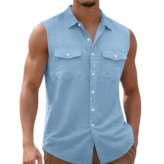 Men's Linen Sleeveless Shirts Button Down Beach Tank Top Basic Work Shirt Vest with Double Pockets Big and Tall Size S-5XL Light Blue