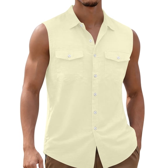 Men's Linen Sleeveless Shirts Button Down Beach Tank Tops Basic Solid Shirt Vest with Pockets Cut Off Workout Fitness Tees