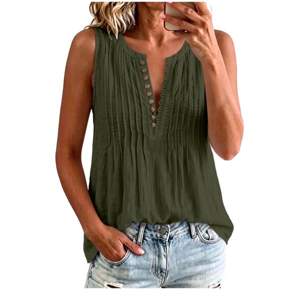 Men's Linen Sleeveless Shirts Button Down Beach Tank Tops Basic Solid Shirt Vest with Pockets Cut Off Workout Fitness Tees