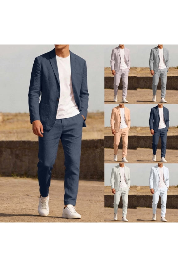 Men's Linen Suit 2 Piece Slim Fit Summer Beach Wedding Dress Prom Party Suit Blazer Jacket and Pants Big and Tall Size M-4XL White