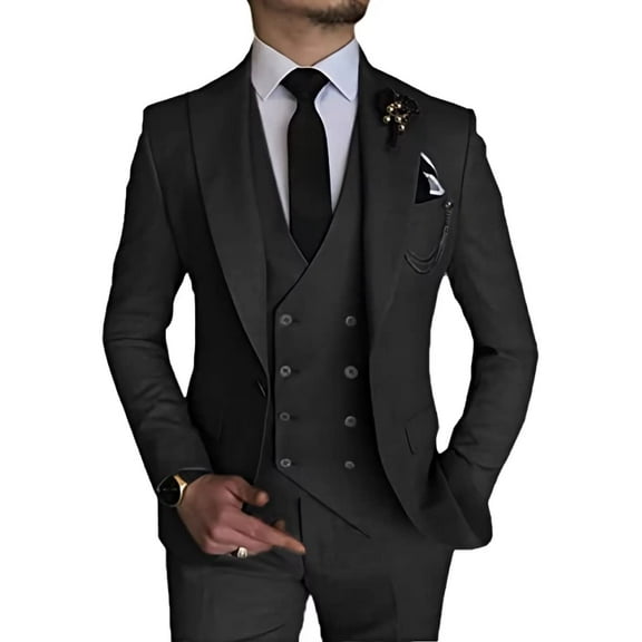 Men's Linen Suit 3 Piece Linen Suits Slim Fit Wedding Beach Casual Summer Linen Blazer Pants Suit Black 4XL