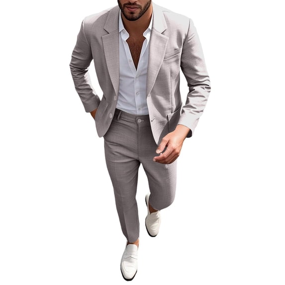 Men's Linen Suit Set 2Pcs Slim Fit Elegant Solid Pocket Dress Blazer Jacket Pants,formal Mens Tuxedo Set Single Breasted 2 Button for Wedding Work Prom Brown