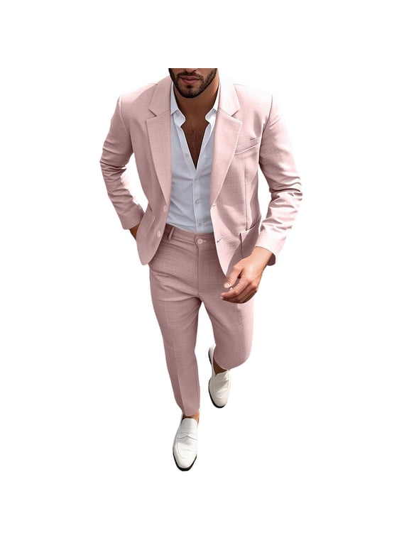 Men's Linen Suit Set 2Pcs Slim Fit Elegant Solid Pocket Dress Blazer Jacket Pants,formal Mens Tuxedo Set Single Breasted 2 Button for Wedding Work Prom Pink