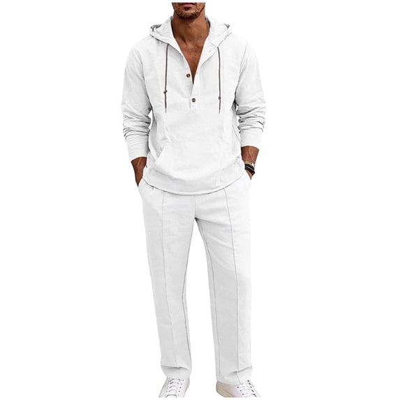 Men's Linen Suits Long Sleeve Hoodie Drawstring Straight Leg Pants Breathable Casual Daily Wear Matching 2 Piece Outfit L