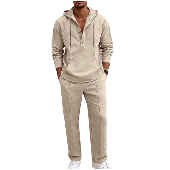 Men's Linen Suits Long Sleeve Hoodie Drawstring Straight Leg Pants Breathable Casual Daily Wear Matching 2 Piece Outfit XL
