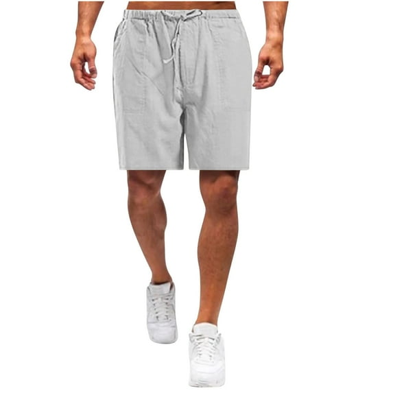 Men's Linen Summer Casual Shorts Drawstring Elastic Waist Solid Color Loose Lounge Beach Shorts with Pockets