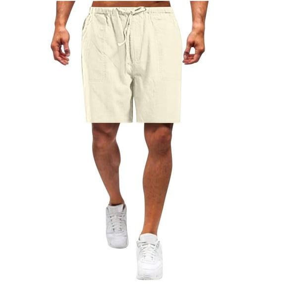 Men's Linen Summer Casual Shorts Drawstring Elastic Waist Solid Color Loose Lounge Beach Shorts with Pockets