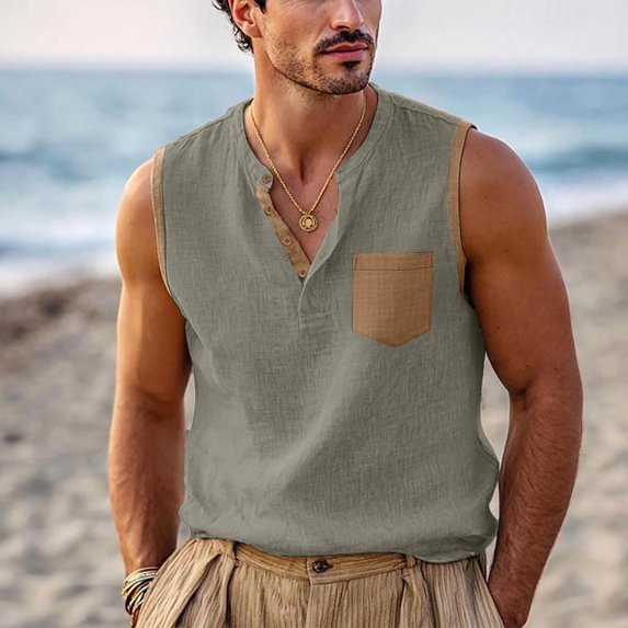 Men's Linen Tank Tops Sleeveless Breathable Muscle Shirts Henley V Neck with Chest Pocket Casual Summer Beach Yoga Vacation Workout Gym Activewear Tees