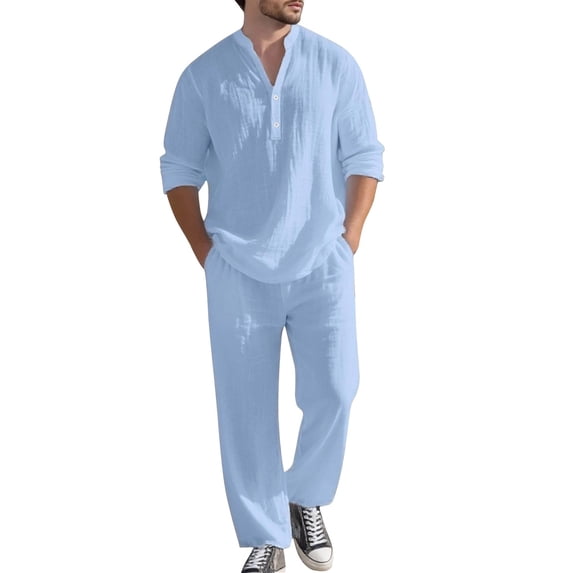 Men's Linen Two-Piece Suit Set, Casual Long Sleeve Shirt & Pants for Fall Spring,Light Blue,XXL