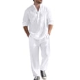 thumbnail image 1 of Men's Linen Two-Piece Suit Set, Casual Long Sleeve Shirt & Pants for Fall Spring,White,L, 1 of 5