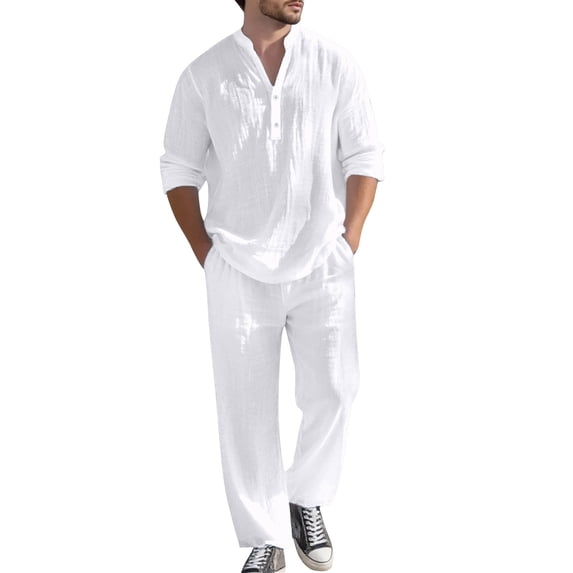 Men's Linen Two-Piece Suit Set, Casual Long Sleeve Shirt & Pants for Fall Spring,White,L