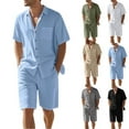 thumbnail image 1 of Men's Linen Vacation 2-Piece Beach Set, Solid Color Lightweight Button-Down Pocket Shirt and Elastic Waist Shorts, Summer Outfit For Holiday,Khaki,2XL, 1 of 7