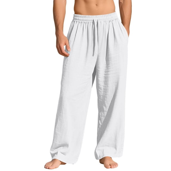 Men’s Linen Wide Leg Pants Elastic Waist Drawstring | Lightweight Breathable, Loose Fit Full Length Trousers, Big and Tall, Casual Summer Beach Daily Wear, L