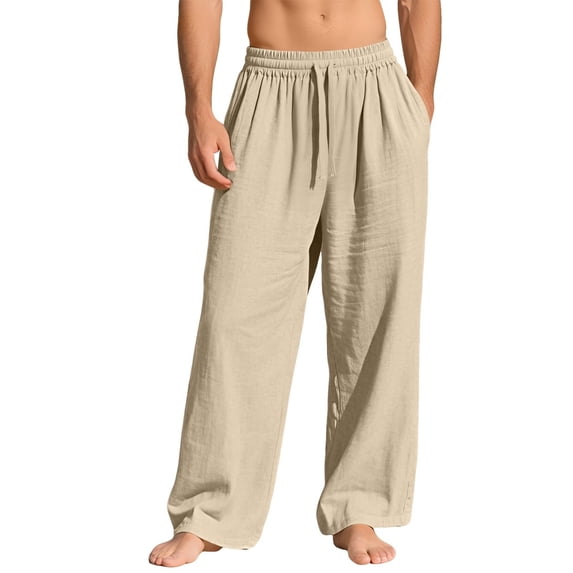 Men’s Linen Wide Leg Pants Elastic Waist Drawstring | Lightweight Breathable, Loose Fit Full Length Trousers, Big and Tall, Casual Summer Beach Daily Wear, XL