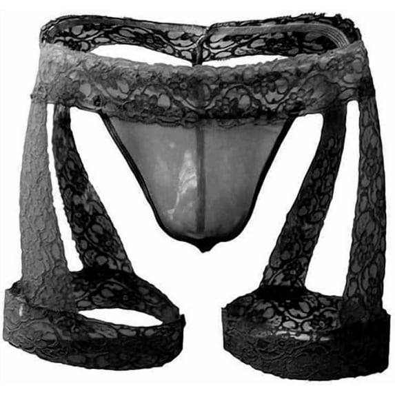 Men's Lingerie Panties Lace Tirm Bulge Pouch G-String Thongs Underwear with Garter Black
