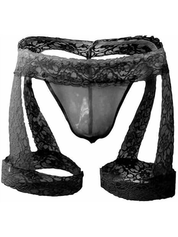 Men's Lingerie Panties Lace Tirm Bulge Pouch G-String Thongs Underwear with Garter Black