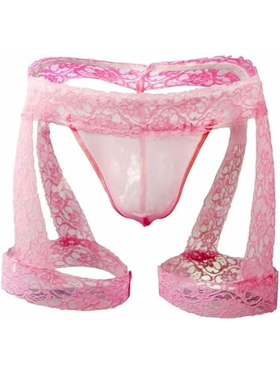Men's Lingerie Panties Lace Tirm Bulge Pouch G-String Thongs Underwear with Garter Pink