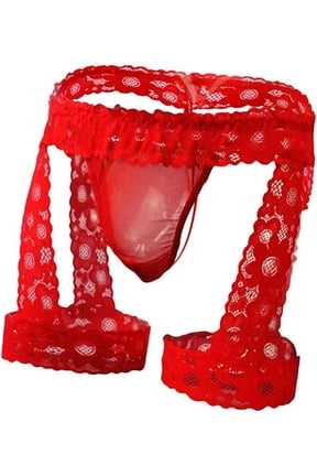 Men's Lingerie Panties Lace Tirm Bulge Pouch G-String Thongs Underwear with Garter Red