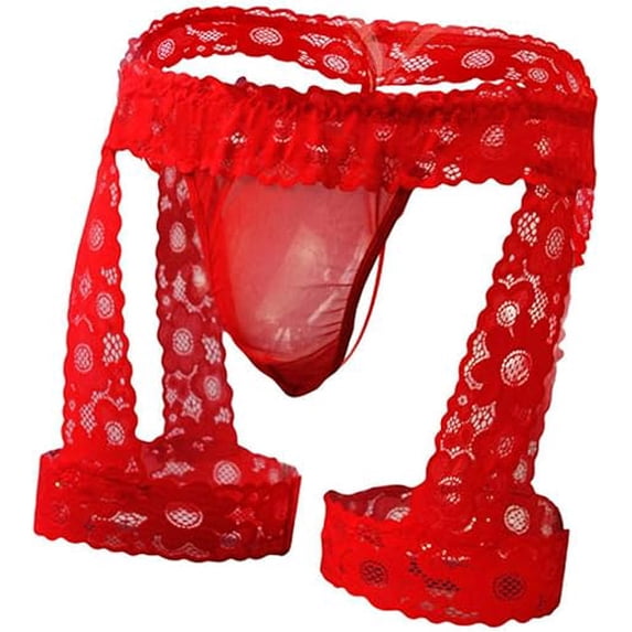Men's Lingerie Panties Lace Tirm Bulge Pouch G-String Thongs Underwear with Garter Red