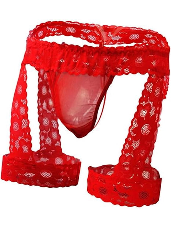 Men's Lingerie Panties Lace Tirm Bulge Pouch G-String Thongs Underwear with Garter Red
