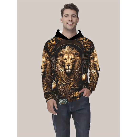 Men's Lion Face and 3D Letter Print Hoodie - Gold Lion Pattern on Dark Background, Autumn Winter Casual Pullover, Machine Washable Long Sleeve Sweatshirt, Men's Sweatshirt