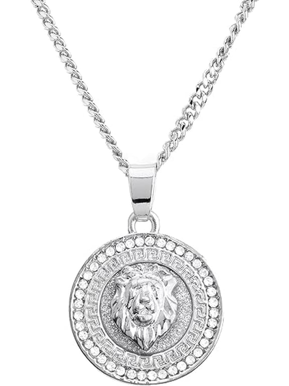 Men's Lion Head Mini Medallion Silver Plated Pendant 20" Cuban Chain Necklace CP 282