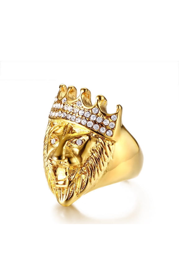 Men's Lion Head Ring Stainless Steel Band with Rhinestone Crown Animal Jewelry Statement Ring Biker Ring for Men Fashion Ring Golden Lion Ring