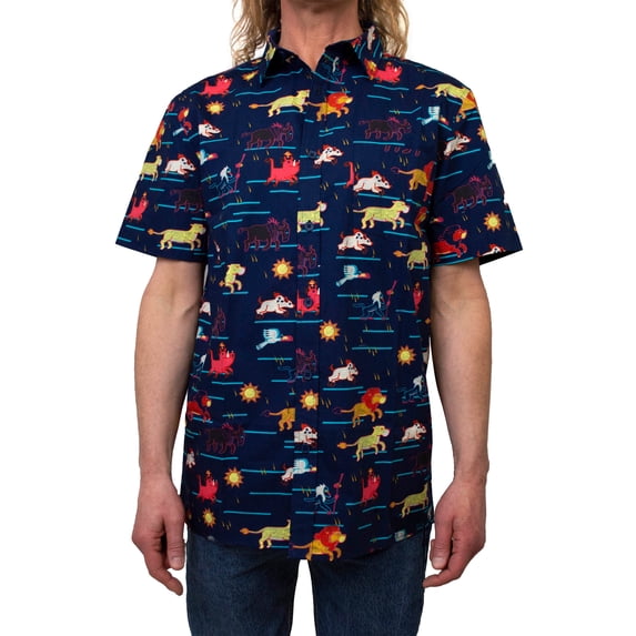 Men's Lion King Character Stampede Button Down Shirt Navy 2X Large