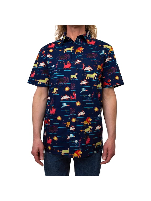 Men's Lion King Character Stampede Button Down Shirt Navy 2X Large