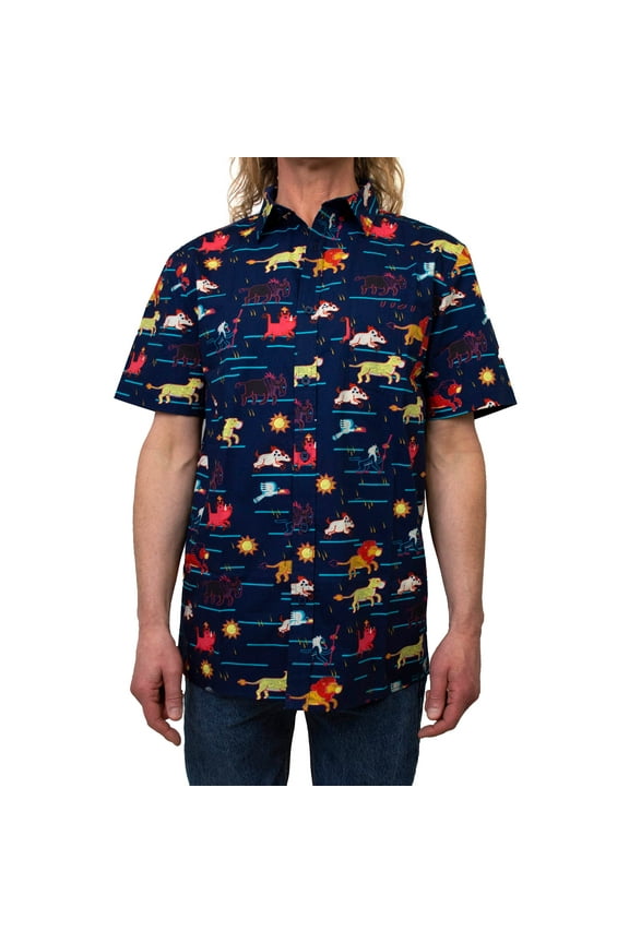 Men's Lion King Character Stampede  Button Down Shirt Navy Small
