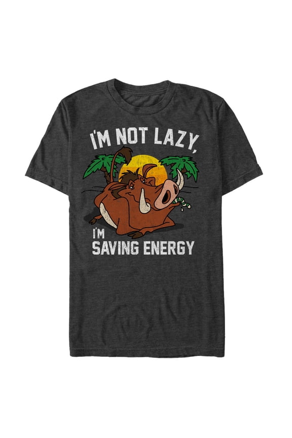 Men's Lion King Pumbaa I'm Not Lazy I'm Saving Energy Graphic Tee Charcoal Heather Small