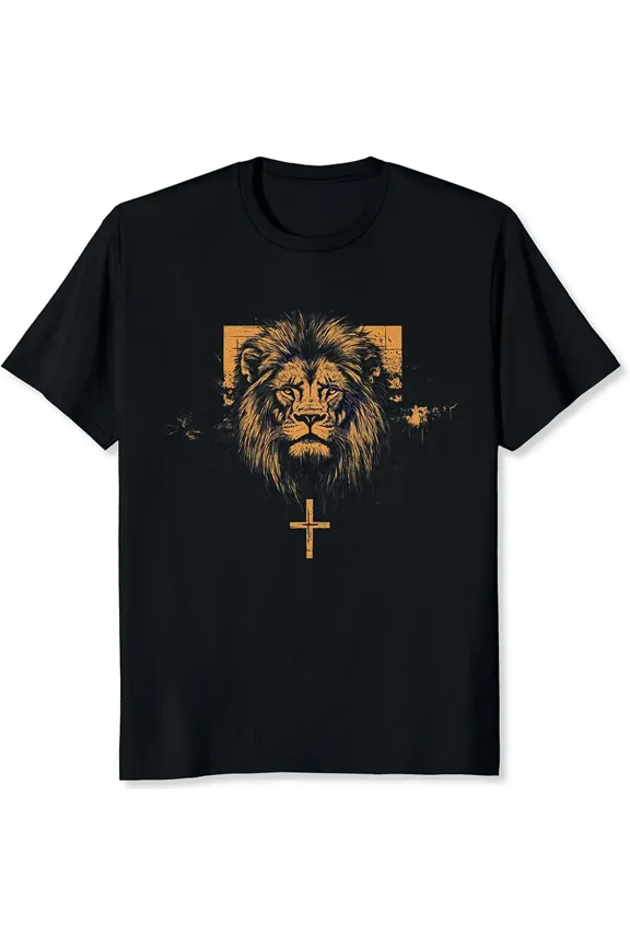 Men's Lion and Cross Graphic T-Shirt, Christian Faith Religious Black Tee