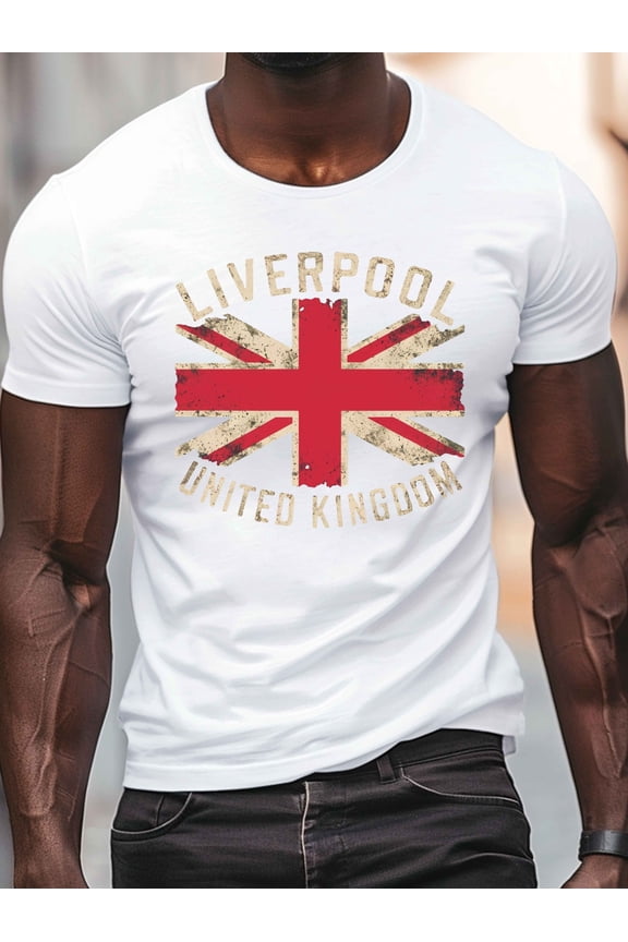Men's Liverpool Union Jack Graphic Tee - Casual Crew Neck Short Sleeve, Lightweight Polyester Summer Shirt with Distressed Flag Print