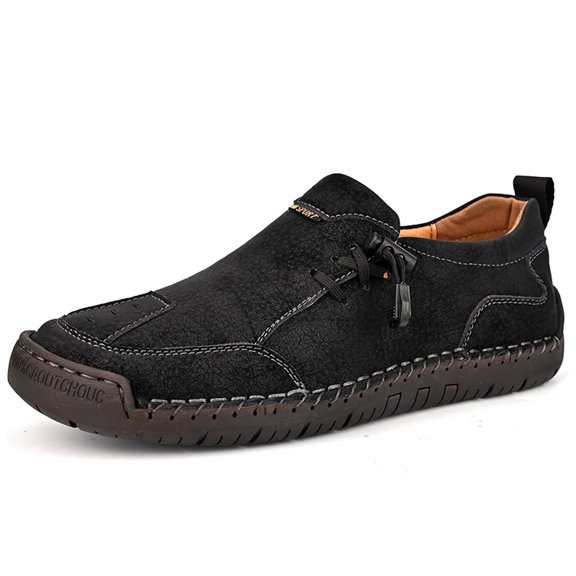 Men's Loafers Leather Handmade Stitching Casual Breathable Walking Slip-on Comfortable Outdoor Office Shoes Black 10.5 US
