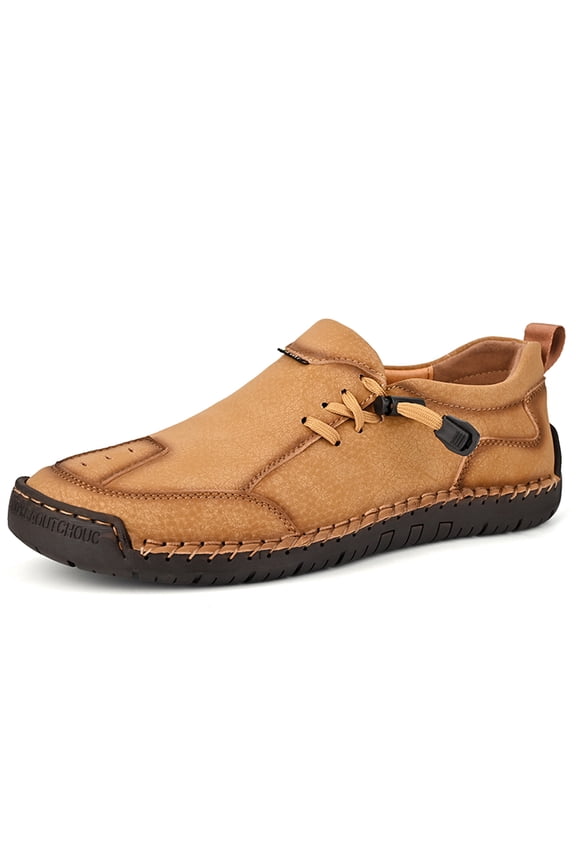 Men's Loafers Leather Handmade Stitching Casual Breathable Walking Slip-on Comfortable Outdoor Office Shoes Brown 8.5 US