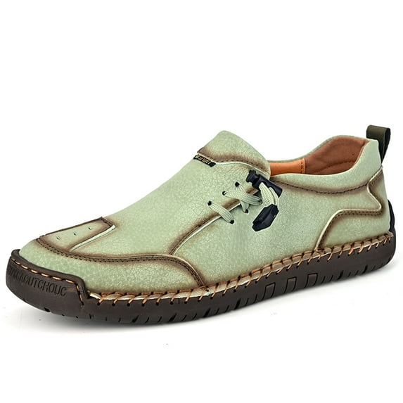 Men's Loafers Leather Handmade Stitching Casual Breathable Walking Slip-on Comfortable Outdoor Office Shoes Green 11.5 US
