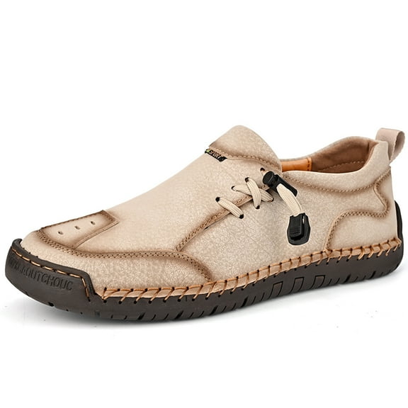 Men's Loafers Leather Handmade Stitching Casual Breathable Walking Slip-on Comfortable Outdoor Office Shoes White 9.5 US