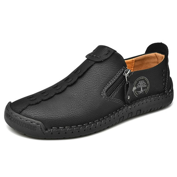 Men's Loafers Shoes Casual Handmade Walking Breathable Comfortable Leather Stitching Office Business Zipper Flat Moccasins Black 12 US