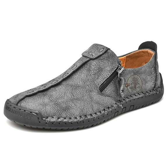 Men's Loafers Shoes Casual Handmade Walking Breathable Comfortable Leather Stitching Office Business Zipper Flat Moccasins Gray 11.5 US