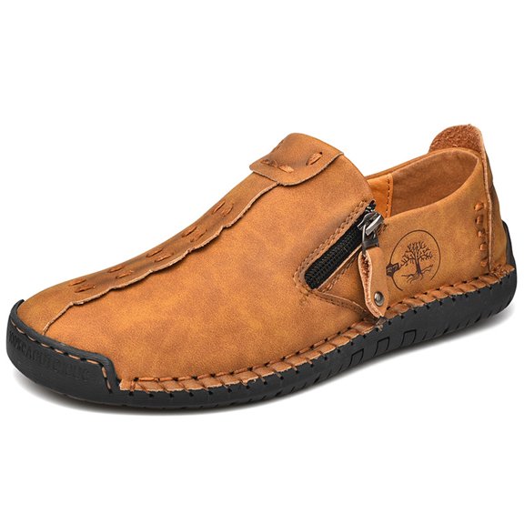 Men's Loafers Shoes Casual Handmade Walking Breathable Comfortable Leather Stitching Office Business Zipper Flat Moccasins Yellow 11 US