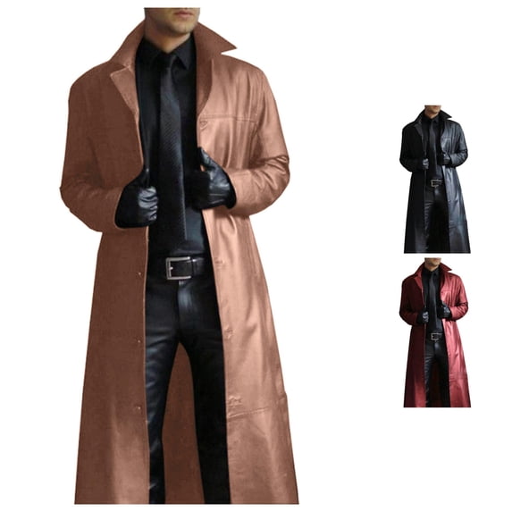 Men's Long Cardigan Button Solid Color Leather Windbreaker Long Sleeve Coat