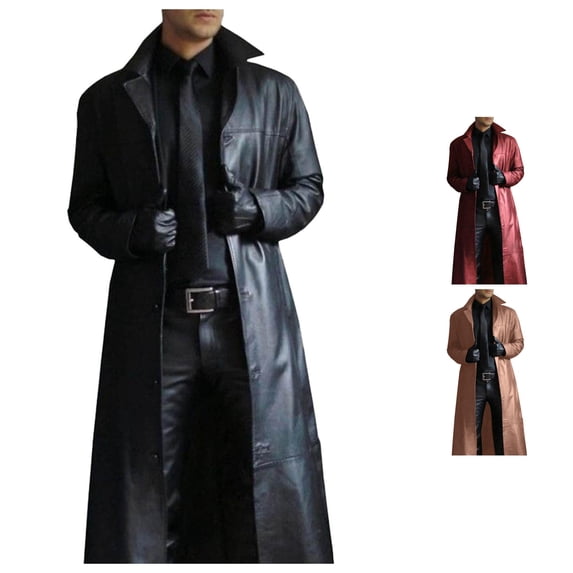 Men's Long Cardigan Button Solid Color Leather Windbreaker Long Sleeve Coat