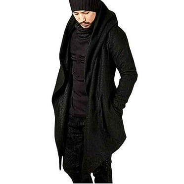 Men's Long Cardigan Open Front Draped Hooded Sweater with Pockets Fall Winter Irregularity Hem Thick Cardigan