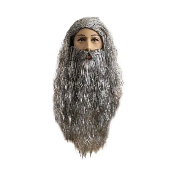 Men's Long Curly Grey Wig with Beard Set, Cosplay Costume Accessory, Water Wave Style