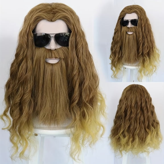 Men's Long Curly Hair Cosplay Headband with Beard - Synthetic High Temperature Synthetic Wigs for Festivals and Events