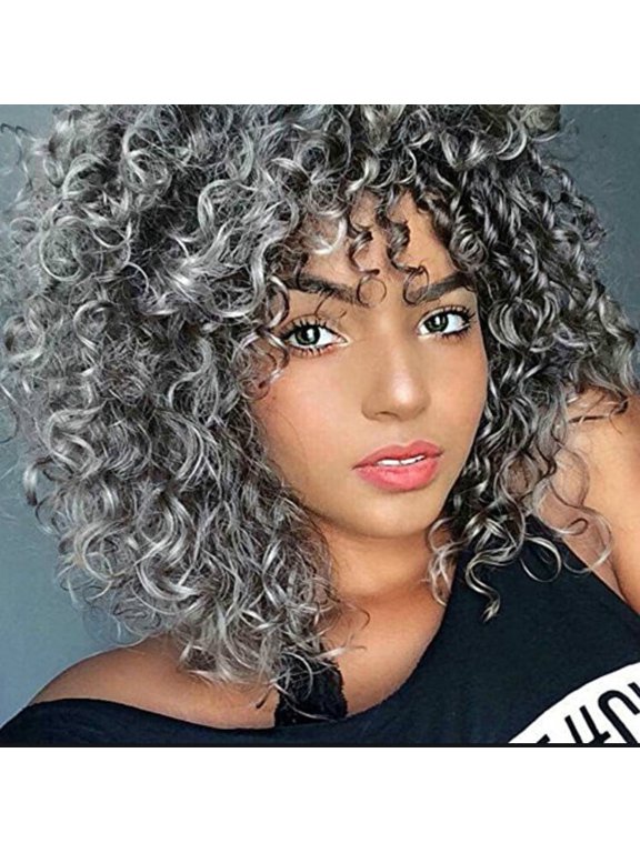 Women's Short Kinky Curly Synthetic Wig, Black to Silver Gray Ombre Afro Wig with Bangs, Heat Resistant Fiber No Lace Wig for Daily Wear, Photo & Themed Outfit