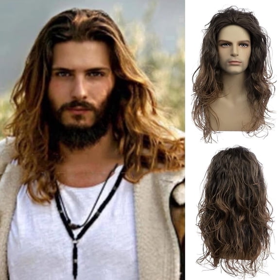 Men's Long Curly Wig, Brown Ombre Synthetic Hair Wig for Cosplay, Halloween, Daily Wear
