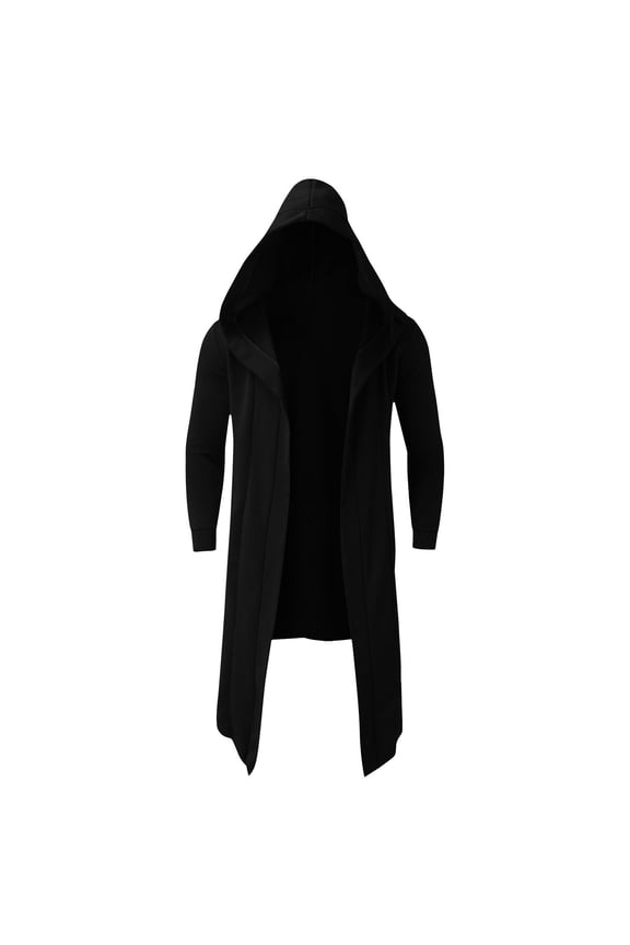 Men's Long Hooded Cardigan - Shawl Collar Open Front Knee-Length Drape Cape Overcoat with Patch Pockets (Loose Baggy Fit, Machine Washable)